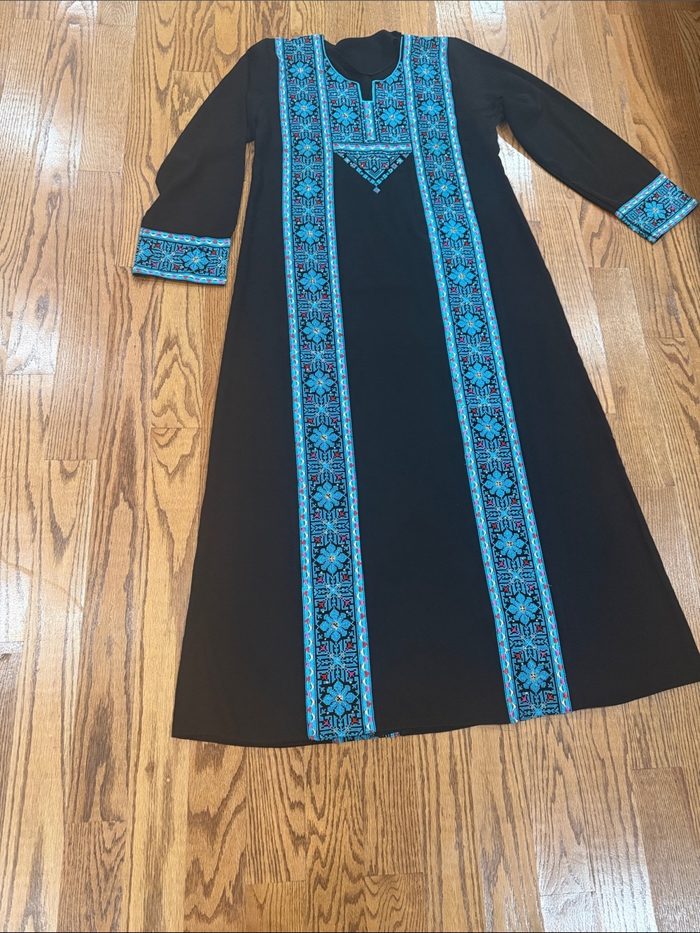 Black Dress with Turquoise Embroidered Trim